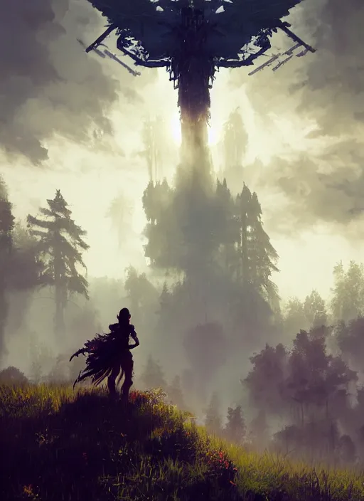 Image similar to !dream Environmental Art, Horizon Zero Dawn silhoutte, archer, atmospheric environment, Character Design, demonic presence, Holy Heavenly Host Divine Angelic Army. Beeple, grimshaw, thomas cole, ismail inceoglu, winslow homer, greg rutkowski, gerald brom, marc simonetti, simon stalenhag, anton fadeev, donglu yu