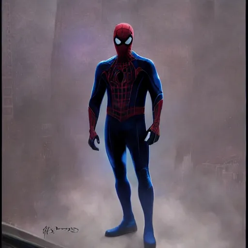 Image similar to ryan reynolds as spider - man, wearing a black and blue suit, cinematic, volumetric lighting, f 8 aperture, cinematic eastman 5 3 8 4 film, photorealistic by greg rutkowski, by stanley artgerm, by alphonse mucha