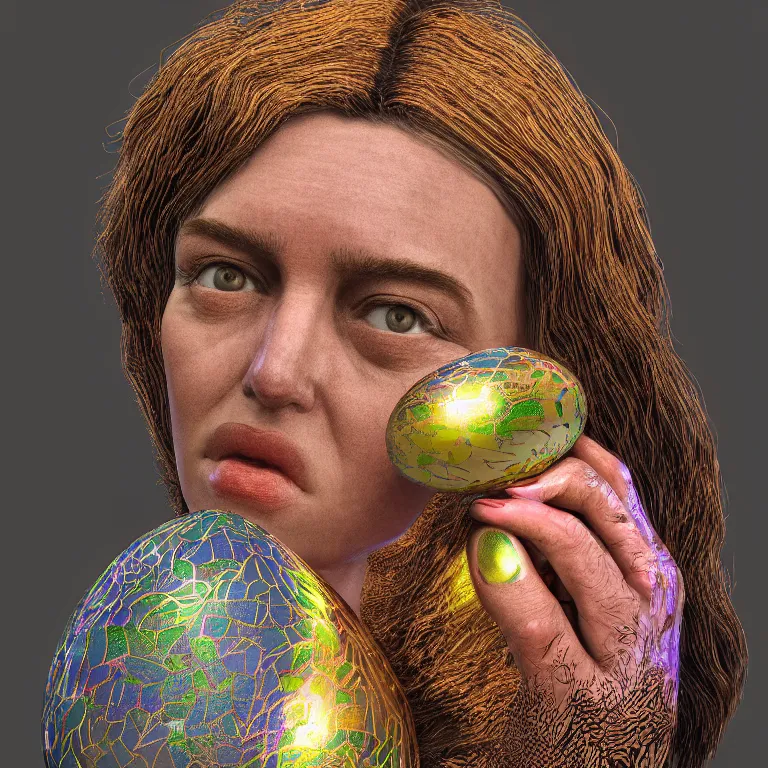 Image similar to octane render portrait by wayne barlow and carlo crivelli and glenn fabry and salvador dali and wes anderson, a beautiful woman hatching out of a perfect colorful patterned iridescent silver egg, cinema 4 d, ray traced lighting, very short depth of field, bokeh