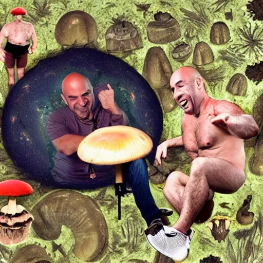 Image similar to Joe Rogan on a UFO with Aliens eating mushrooms and laughing, realistic