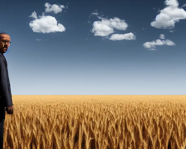 Image similar to walter white gustavo fring facing each other in a wheat field, side view, 3 5 mm photograph, 8 k resolution, wide shot, sharp lens