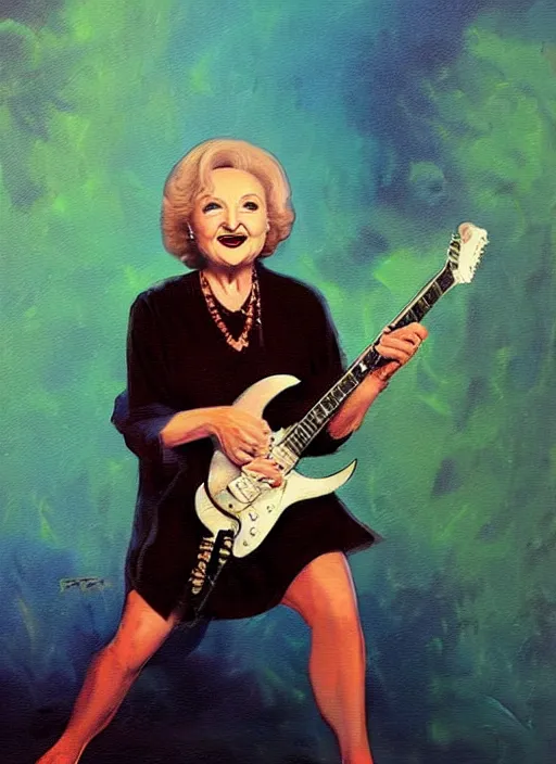 Prompt: Betty White shredding on an electric guitar, painting by Frank Frazetta, 3D rendering by Beeple, crusty