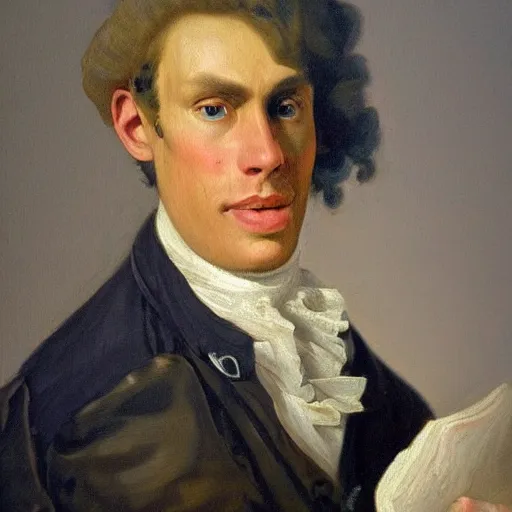 Image similar to An 18th century oil painting of Jerma985, portrait of Jerma985, grainy, realistic, very realistic, hyperrealistic, highly detailed, very detailed, extremely detailed, very neat, very epic, very cool, detailed, trending on artstation