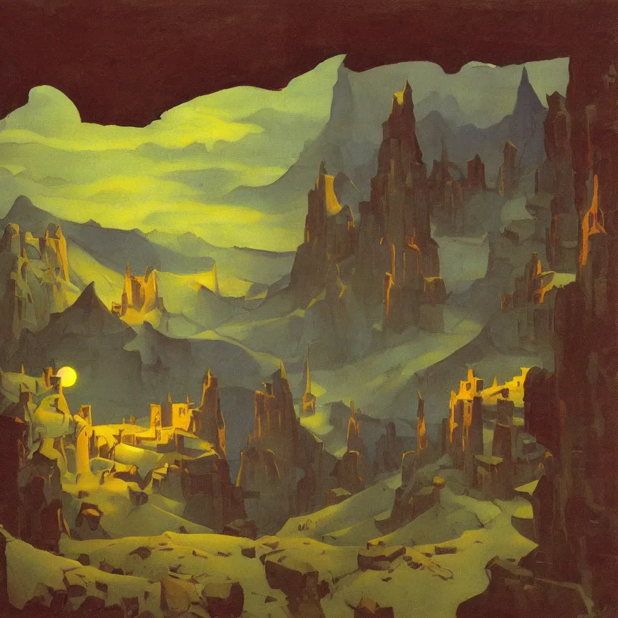 Image similar to a detailed oil painting of dungeon at night, by nicholas roerich, by frank frazetta, by hans emmenegger, by bruce pennington, by eyvind earle, moisture, grainy, highly detailed, realistic, outline, line,