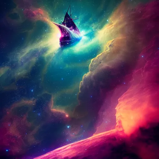 Prompt: An age of sail galleon sailing through a nebula in space, digital art, trending on artstation, 8k