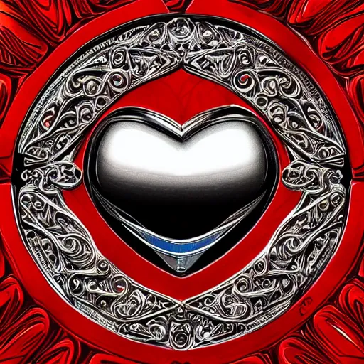 Image similar to a chrome carved heart, highly detailed, intricate artwork, graphic style of Patrick Gleason very coherent symmetrical artwork, depth of field, bokeh, red color