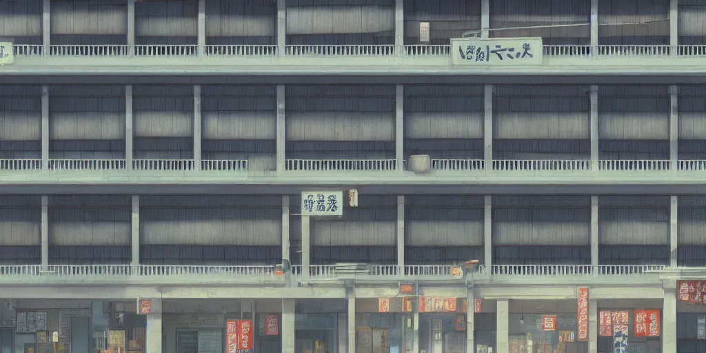 Prompt: close up front view of a japanese building facade with signs on it, a detailed matte painting by Makoto Shinkai