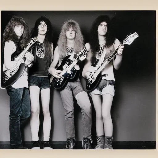 Image similar to Group of 19-year-old women holding electric guitars, long shaggy hair, permed hair, New Wave of British Heavy Metal, band promo photo, Diamond Head, Motörhead, Great Britain, 1981 photograph, 16mm photography