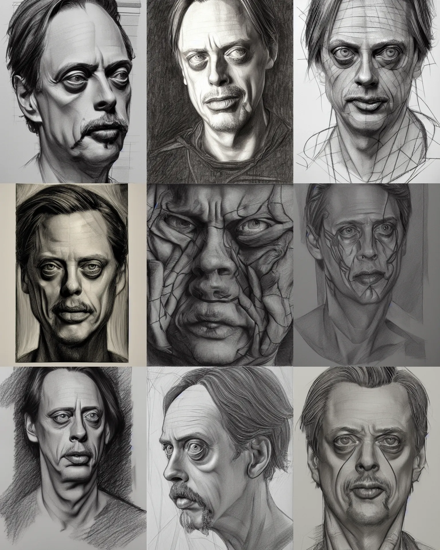 Prompt: linework construction lines preliminary vine charcoal portrait of steve buscemi, by donato giancola, andrew loomies, burne hogarth, michelangelo, leonardo da vinci