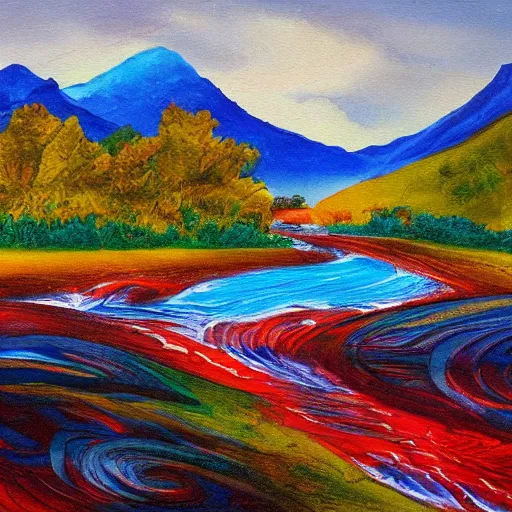 Image similar to a wild landscape painting filled with energy patterns rippling in all directions, mountains, rushing water, saturated colors