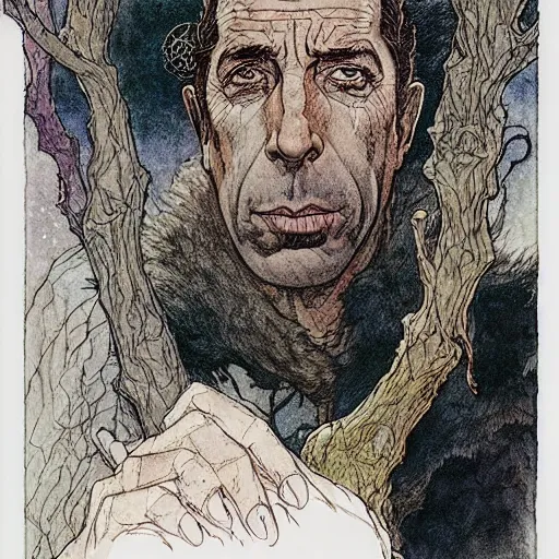 Image similar to a realistic and atmospheric portrait of humphrey bogart as a druidic warrior wizard looking at the camera with an intelligent gaze by rebecca guay, michael kaluta, charles vess and jean moebius giraud