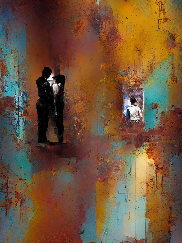 Image similar to a beautiful painting by nick runge of a couple in front of a mirror in a glitched bathroom, metal rust and plaster materials, pixel sorting, color bleeding, brushstrokes by jeremy mann