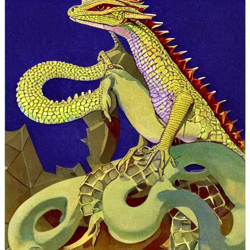 Prompt: beautiful jeweled scaly lizard-headed dragon sitting on top of treasure, by Nicholas Roerich and Warwick Goble and Howard Pyle, iridescent scales, sinuous dragon body, clawed feet, long spiked tail,dramatic lighting, featured on artstation W 768