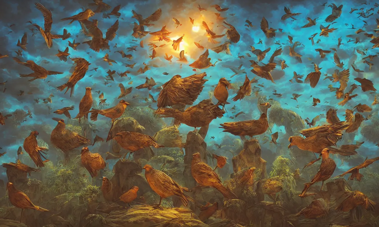 Image similar to discworld theme, flocking birds, 3 d art, digital illustration, perfect lighting