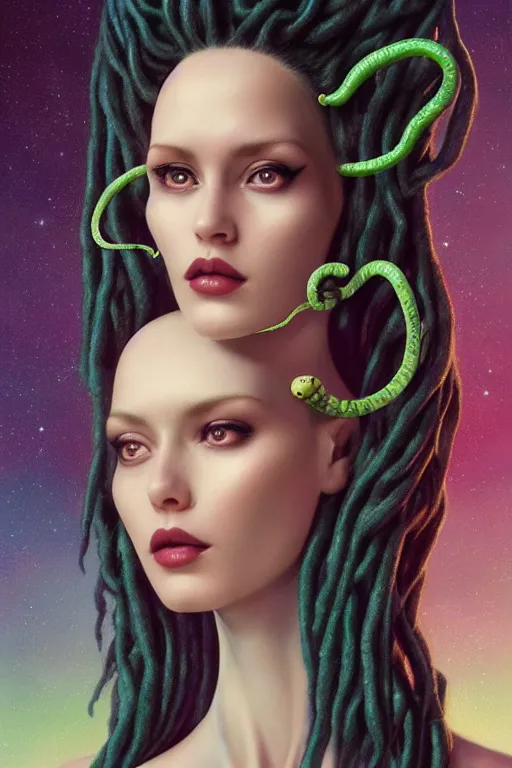 Image similar to portrait of an elegant alien woman queen with long floating snake dreads, straight on portrait, by artgerm, tom bagshaw, gerald brom, vaporwave colors, lo - fi colors, vaporwave, lo - fi, moody vibe, goth vibe, 4 k, hd,