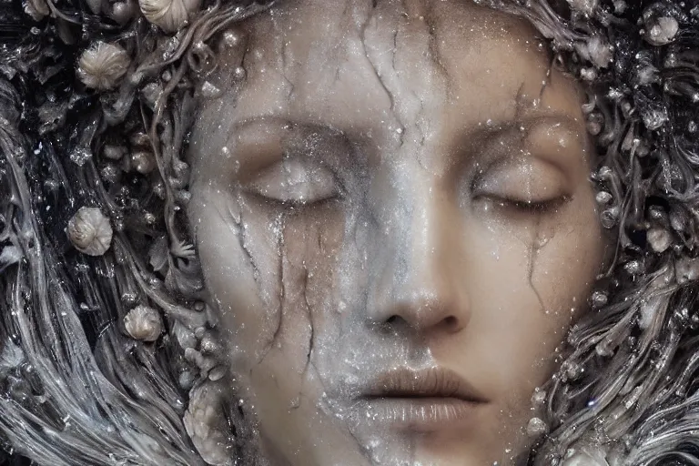 Image similar to a sculpture of a stunningly beautiful woman with flowing tears, fractal flowers on the skin, intricate, a marble sculpture by nicola samori, behance, neo - expressionism, marble sculpture, made of mist, still frame from the prometheus movie by ridley scott with cinematogrophy of christopher doyle, arri alexa, 8 k