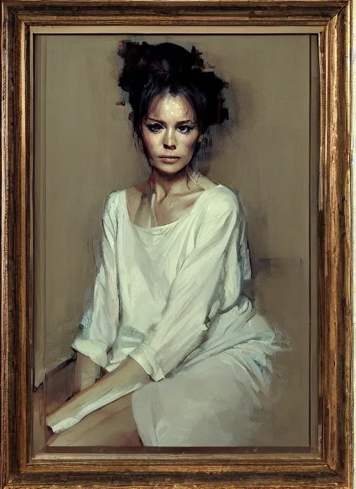 Image similar to beautiful portrait painting of a woman with a bun posing in an artistic pose over a bed, by jeremy mann, only one head single portrait