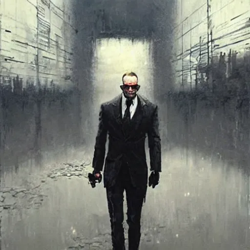 Image similar to a still of agent smith from matrix, painting by jakub rozalski,