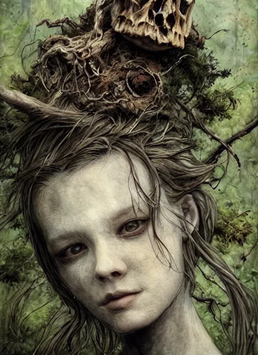 Prompt: portrait, bird skull, moss, driftwood, witches, watercolor, dramatic lighting, cinematic, establishing shot, extremely high detail, foto realistic, cinematic lighting, pen and ink, intricate line drawings, by Yoshitaka Amano, Ruan Jia, Kentaro Miura, Artgerm, post processed, concept art, artstation, matte painting, style by eddie mendoza, raphael lacoste, alex ross