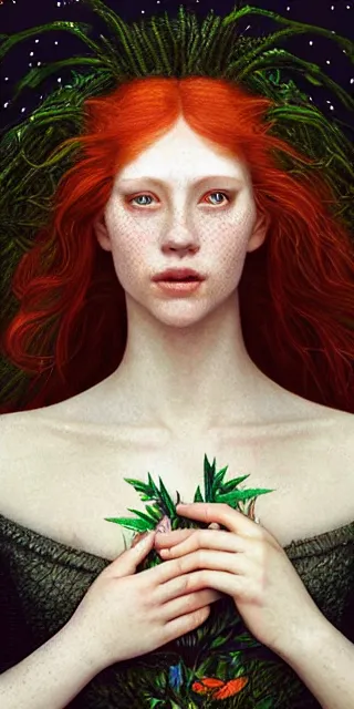 Image similar to amazed happy young woman, surrounded by firefly lights, full covering intricate detailed dress, amidst nature, long red hair, precise linework, accurate green eyes, small nose with freckles, beautiful smooth oval shape face, empathic, expressive emotions, dramatic lights, hyper realistic ultrafine art by artemisia gentileschi, jessica rossier, boris vallejo