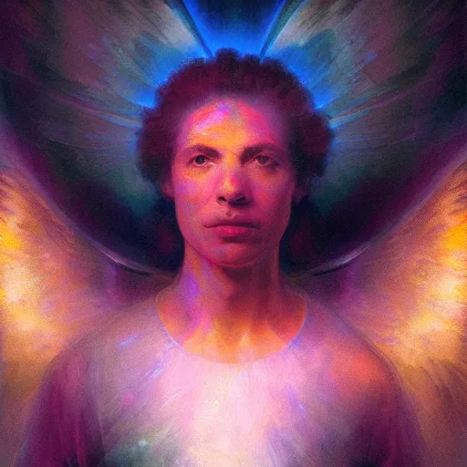 Prompt: rembrandt shoulder level close up ethereal portrait of a beautiful force of the good light seraphim male futuristic angel with halo above head. the face of the algel is in the center of the canvas, passport photo framing. volume lighting, concept art, by greg rutkowski!!, colorful, xray melting colors!! - g