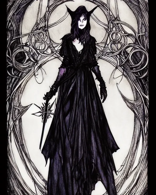 Image similar to style of arthur rackham, artgerm : : gorgeous willa holland : : evil witch, swirling black magic, black dress : : symmetrical face, symmetrical eyes : : full body pose : : gorgeous black hair : : magic lighting, low spacial lighting : :