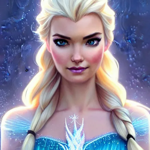 Image similar to Odette Annable with blonde hair as Elsa from Frozen, western, D&D, fantasy, intricate, elegant, highly detailed, digital painting, artstation, concept art, matte, sharp focus, illustration, art by Artgerm and Greg Rutkowski and Alphonse Mucha