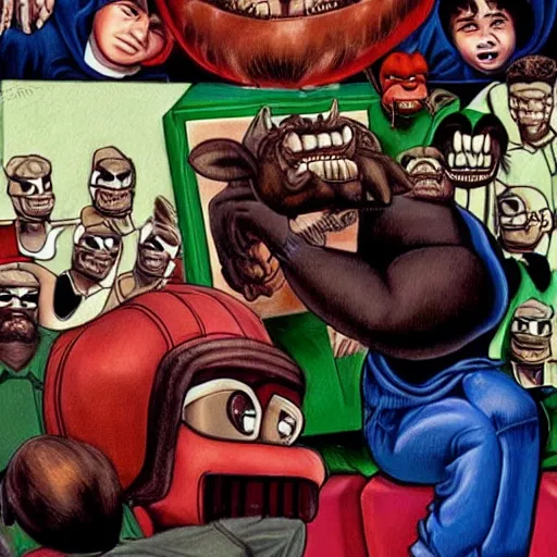 Image similar to beautiful lifelike painting of mf doom and donkey kong bullying peter parker in highschool, hyperreal detailed facial features and uv lighting, art by ed roth and basil wolverton