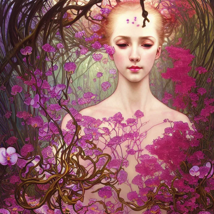 Prompt: psychedelic, orchid, cherry blossom tree, mushrooms, diffuse lighting, fantasy, intricate, elegant, highly detailed, lifelike, photorealistic, digital painting, artstation, illustration, concept art, smooth, sharp focus, art by John Collier and Albert Aublet and Krenz Cushart and Artem Demura and Alphonse Mucha and Giuseppe Arcimboldo