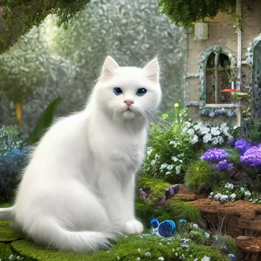 Prompt: hyperrealistic image of fun, fluffy white cat with blue and green eyes, in a fairy garden, stunning 3 d render inspired art by greg rutkowski and xiang duan, pixar and disney, perfect facial symmetry, realistic, highly detailed attributes and atmosphere, dim volumetric cinematic lighting, 8 k octane detailed render, post - processing, masterpiece