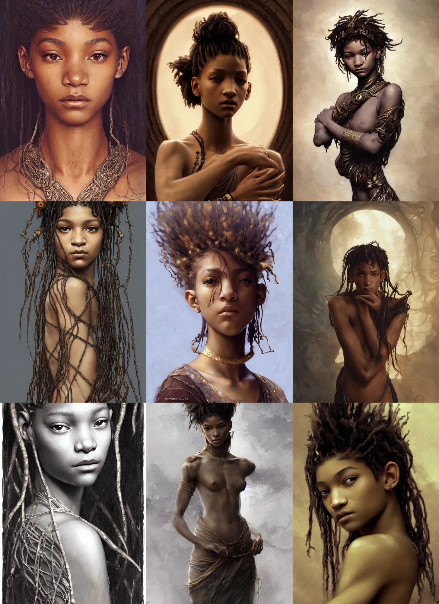 Prompt: willow smith zendaya, ancient libu young girl, beautiful bone structure, intricate, moody, dark, highly detailed, digital painting, artstation, concept art, smooth, sharp focus, illustration, orientalism, bouguereau, rutkowski, mucha