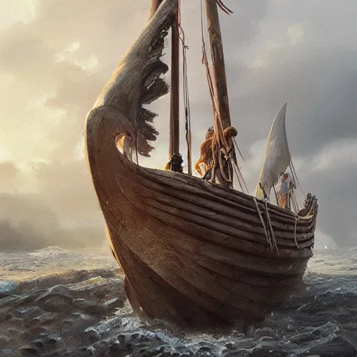 Prompt: a portrait painting of a viking ship, digital painting, hyper realistic, nordic mythology, full of details, in the style if greg rutkowski,