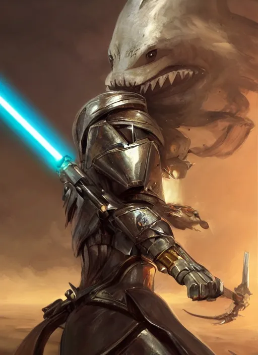 Image similar to side portrait of a humanoid shark in armor holding a lightsaber, anime, hyper - realistic, detailed, ghibli, ruan jia, wlop, fantasy, scifi, magic the gathering