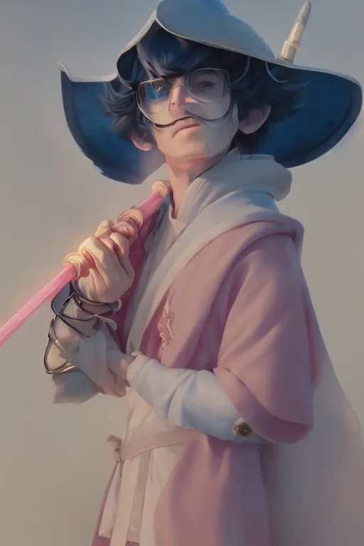 Prompt: portrait of a cute white mage boy with a staff in mage armor, soft, pink and blue, by tom bagshaw and atey ghailan and artgerm and and greg rutkowski, hyper realistic, octane render, trending on artstation