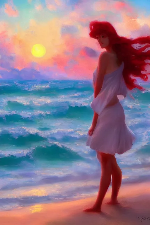 Image similar to a red haired young girl beach surreal, sunrise, dramatic light, impressionist painting, colorful clouds, digital painting, artstation, vittorio matteo corcos
