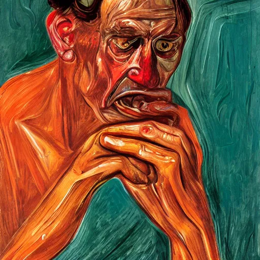 Prompt: high quality high detail painting of a man in agony by lucian freud and edvard munch and francis bacon, hd, poor beggar on the streets of london, turquoise and orange