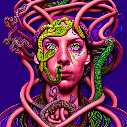 Image similar to an extremely psychedelic portrait of medusa as joe rogan, surreal, lsd, face, detailed, intricate, elegant, lithe, highly detailed, digital painting, artstation, concept art, smooth, sharp focus, illustration