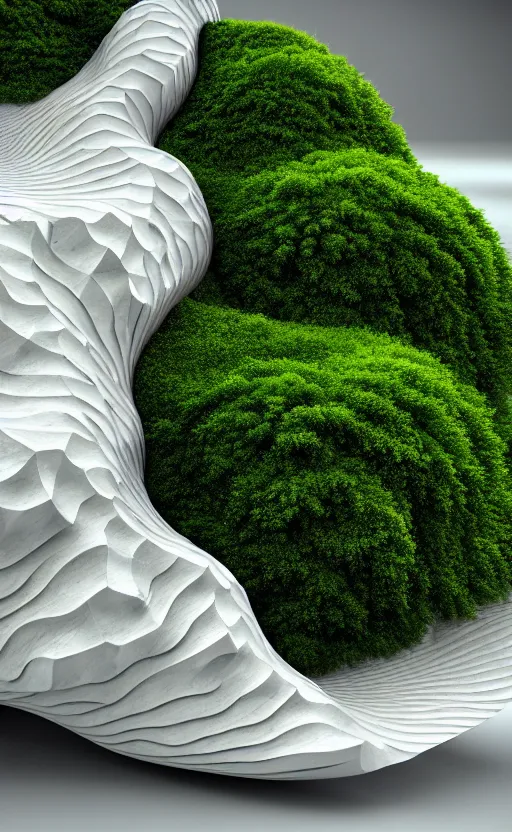 Image similar to highly detailed ultra sharp 3 d render cinematic composition of a smooth ceramic porcelain magnolia stone nebula biomorphic fluid fractal sci - fi surreal architecture landscape, metallic, white marble, foliage moss, vincent callebaut composition, mamou - mani, archviz, beautiful lighting, 8 k, unreal engine, hdr,