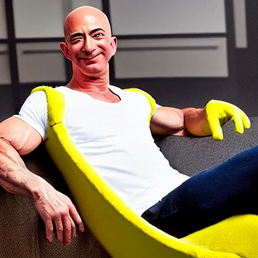 Image similar to portrait photo of swole jeff bezos cosplaying as lou ferrigno's incredible hulk while wearing yellow oven mitts and reclining in a lounge chair