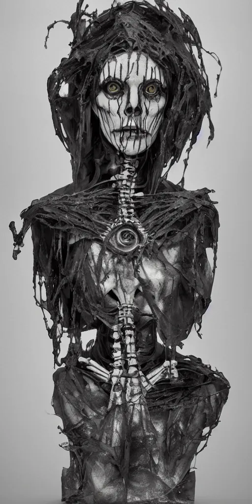 Image similar to priestess, luminous veins, style of ravens stormy sky of foreboding, dora maar and cecile beaton, occult, cinematic, robotic bust, skeletal omens, volumetric light, rim light, gothic, 8 k