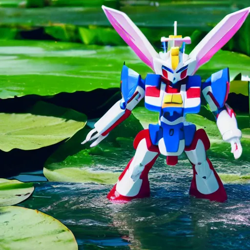 Image similar to a closeup photograph of waterlily gundam stepping out of a pond with a lazer rifle dripping water. film still. brightly lit scene. this 4 k hd image is trending on artstation, featured on behance, well - rendered, extra crisp, features intricate detail, epic composition and the style of unreal engine.