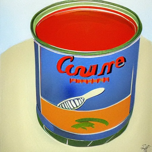 Image similar to In this computer art, the artist has used a photo-realist style to depict a can of soup. The can is placed on a plain background, and the artist has used bright, primary colors to create a striking image. The computer art is both realistic and abstract by Ramon Casas, by Louise Dahl-Wolfe bleak