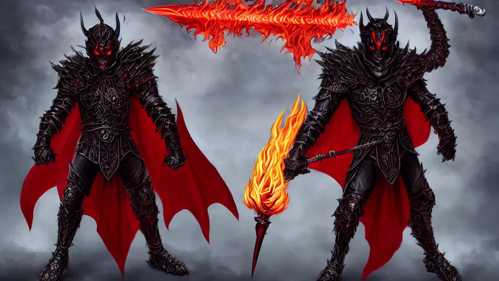 Image similar to male demon holding a flame sword, black metallic armor, red cape, detailed arms, intricate black armor, two arms, two legs, detailed fanart, rpg art, d&d art, macro art, digital art, DeviantArt, artstation, 8k HD