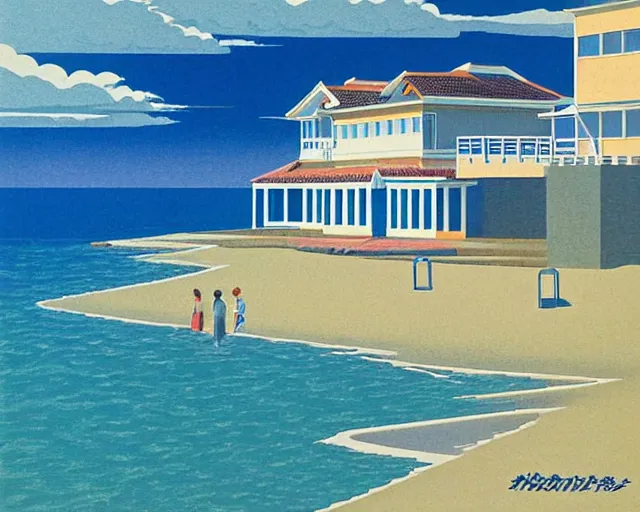 Image similar to seaside mansion on the beach, summer, painting by hiroshi nagai