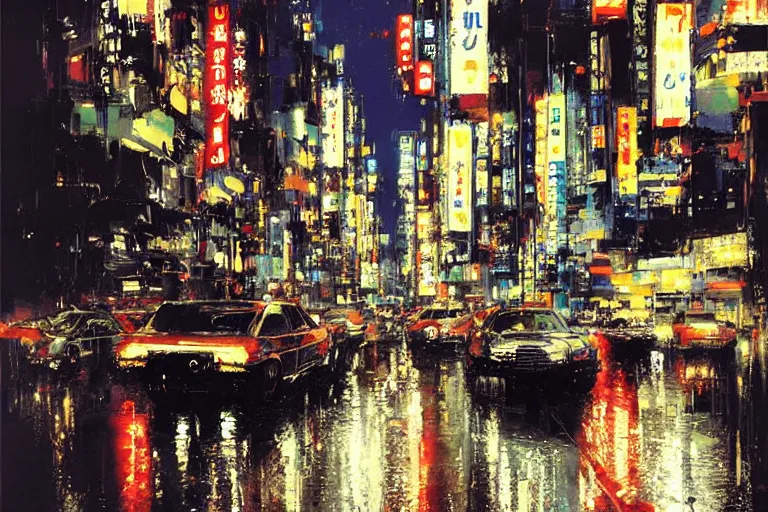 Prompt: tokyo at night, raining, bright lights, painting by John Berkey