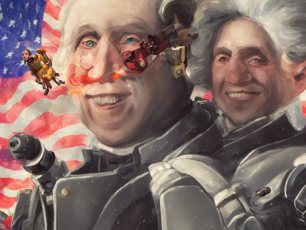 Image similar to a close up of president george washington smiling to the camera, controlling a personal attack mech, by pixar, exciting illustration, explosive colors, trending on artstation