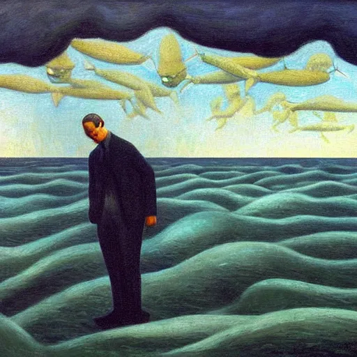 Image similar to twenty thousand leagues under the seas, grant wood, pj crook, edward hopper, oil on canvas