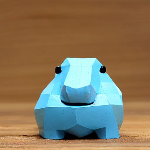 Image similar to a beautiful minimalist curvy shaped small sculpture of hippopotamus hippo baby, wood and blue epoxy, cubic blocks mix stripes cuts, detailed, fine, gorgeous
