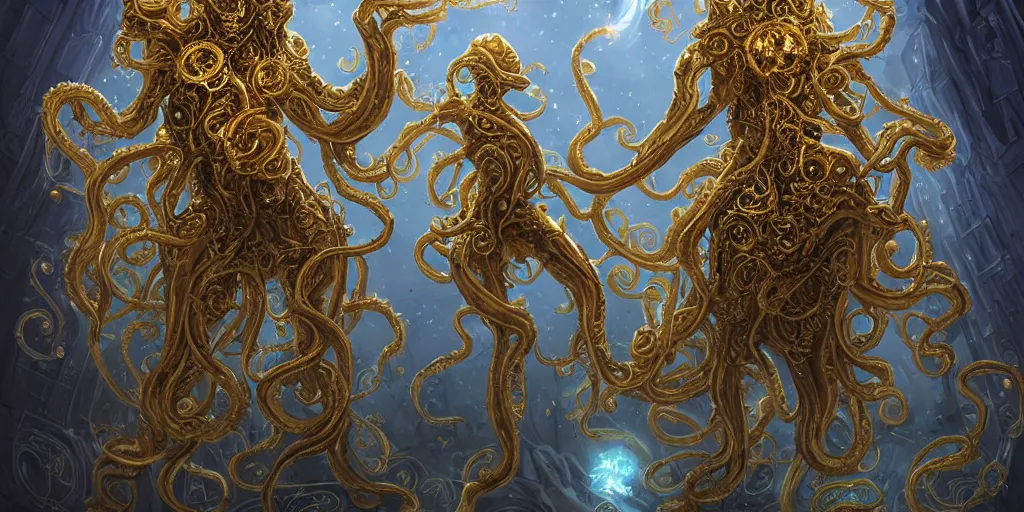 Prompt: corrupted lovecraftian golden humanoid queen standing next to a spaceship window overlooking earth, 8 intricate white and gold tentacles, ornate white and gold armour, fantasy, cinematic lighting, highly detailed, digital painting, artstation, concept art, smooth, sharp focus, illustration, warm light, cozy warm tint, magic the gathering artwork, volumetric lighting, 8k, no gold, no gold colours, art by Akihiko Yoshida, Greg Rutkowski