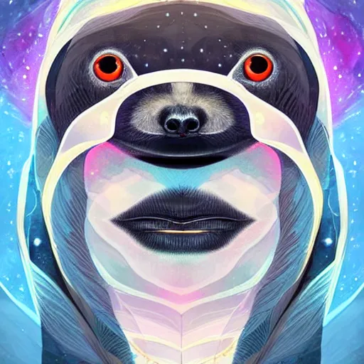 Image similar to geometric symmetrical sloth with galaxy eyes in space, nebula in the background, intricate, elegant, highly detailed, digital painting, artstation, concept art, smooth, sharp focus, illustration, art by artgerm